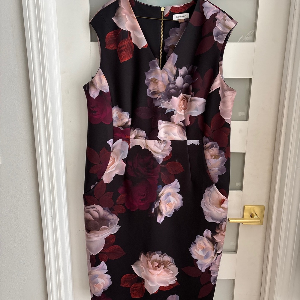 Calvin Klein Pink Sheath Midi Dress V-Neck Cap Sleeve